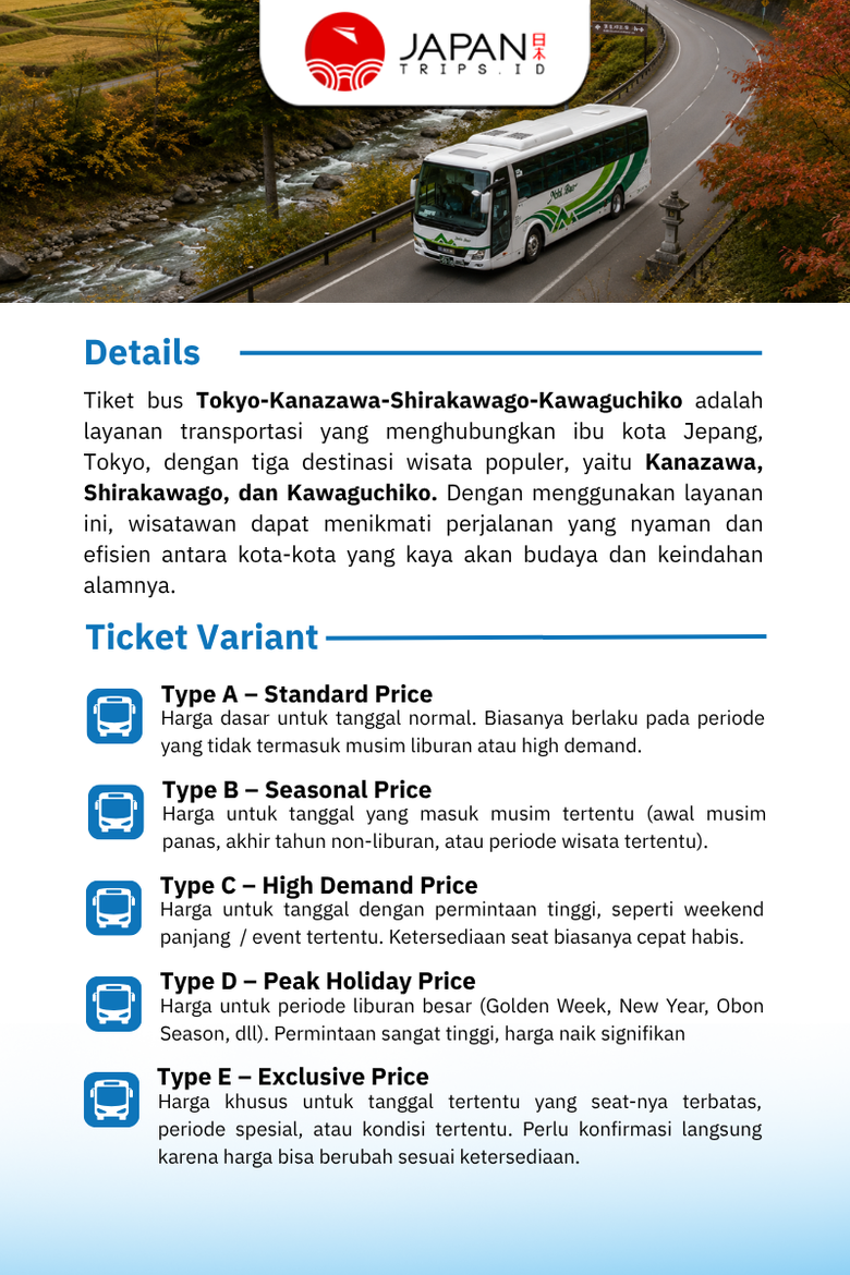 Bus Ticket Tokyo to Kanazawa – Shirakawago – Kawaguchiko Ticket