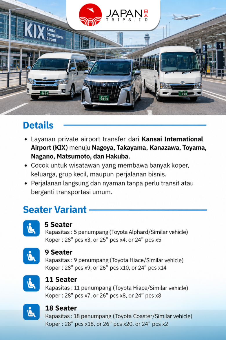 Private Kansai Airport Transfer to Nagoya/Takayama/Hokuriku | Transfer Bandara Kansai ke Nagoya/Takayama/Hokuriku
