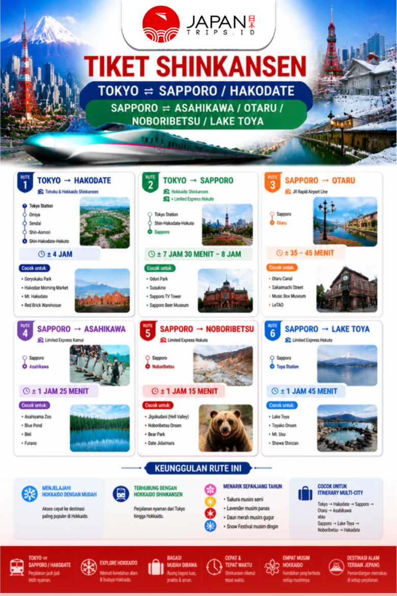 Tiket Shinkansen Tokyo - Sapporo/Hakodate & Sapporo - Asahikawa/Otaru/Noboribetsu/Lake Toya | Kereta Cepat Jepang (One Way)