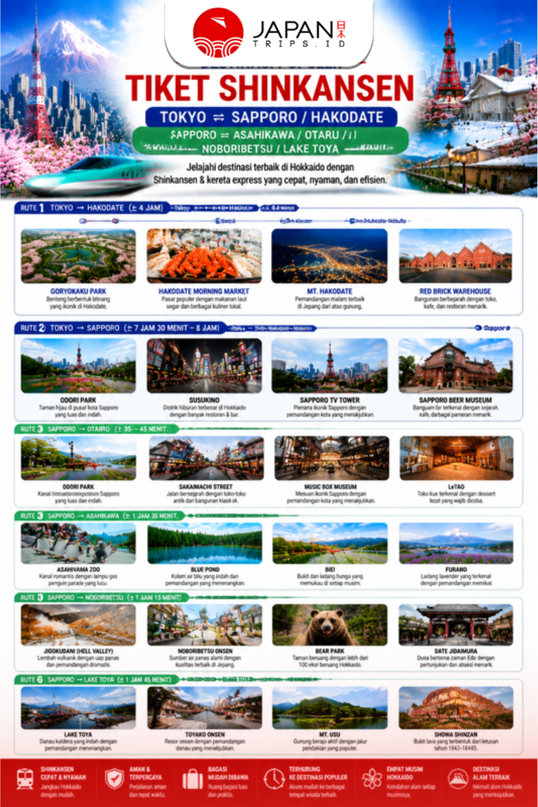 Tiket Shinkansen Tokyo - Sapporo/Hakodate & Sapporo - Asahikawa/Otaru/Noboribetsu/Lake Toya | Kereta Cepat Jepang (One Way)
