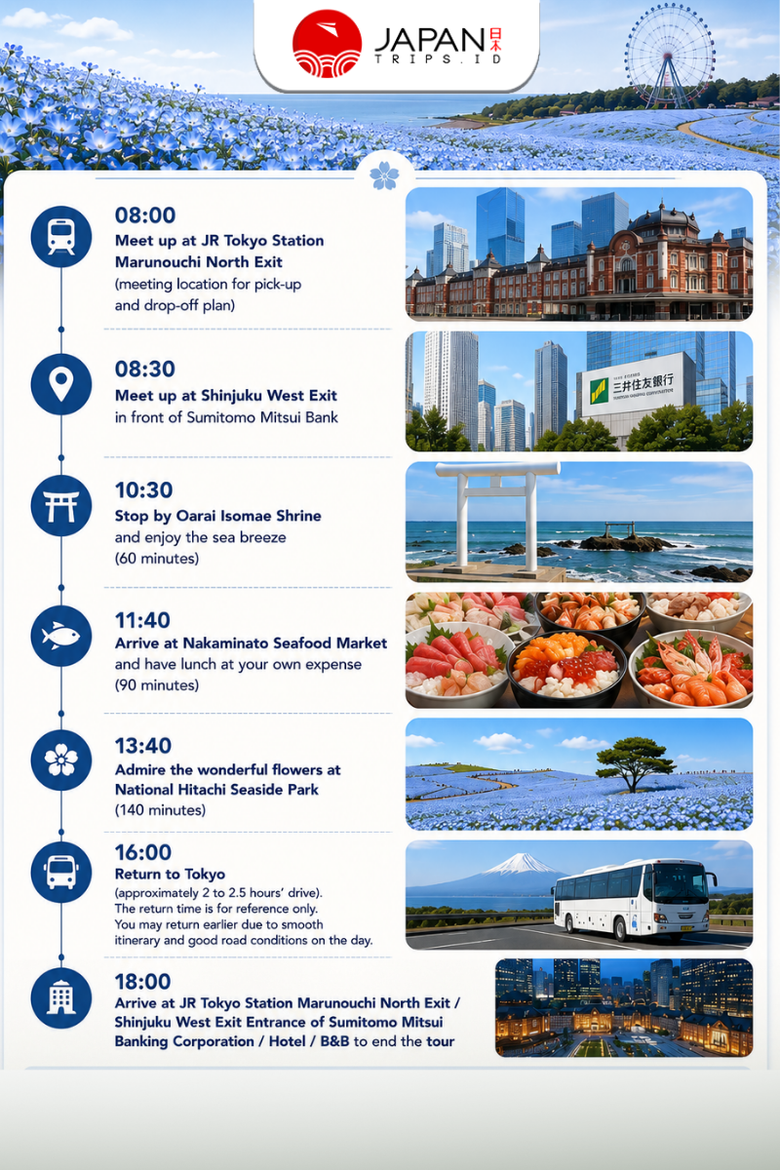 1-Day Tokyo Tour: Hitachi Seaside Park Nemophila, Oarai Shrine & Nakaminato Fish Market