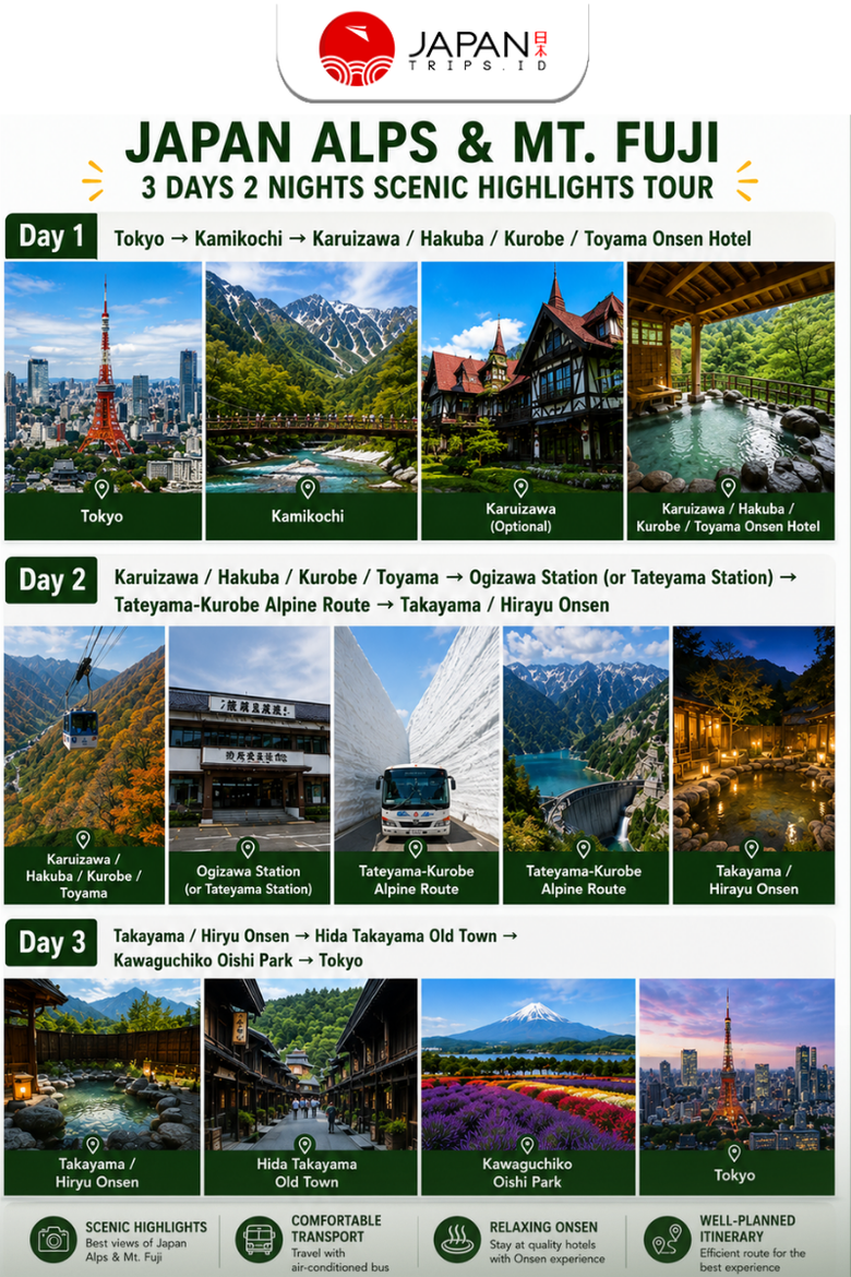 3-Day Japan Alpine Tour: Tateyama Snow Wall, Kamikochi & Mt. Fuji