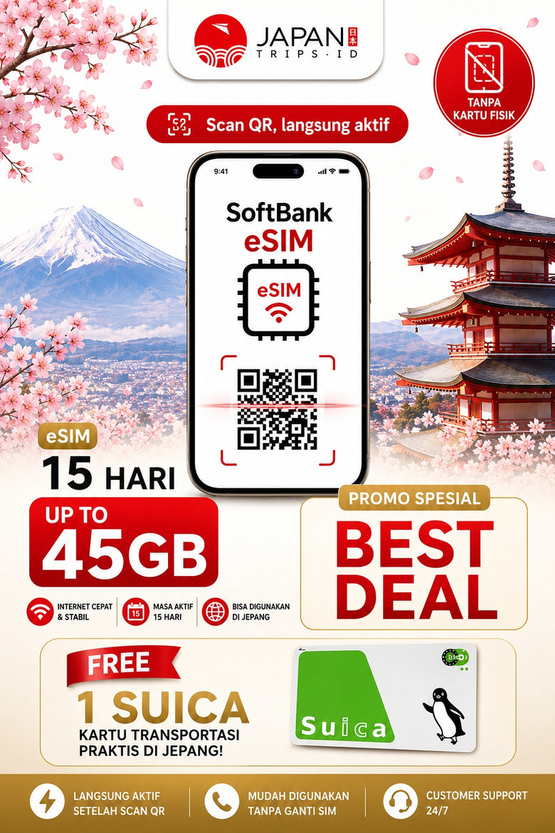 PROMO Japan SoftBank eSIM 15 Days Up to 45GB + FREE Suica