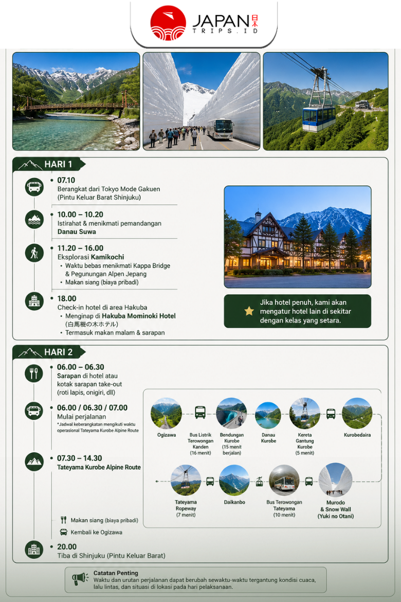 2 Day Tour Tokyo : Kamikochi & Tateyama Snow Wall