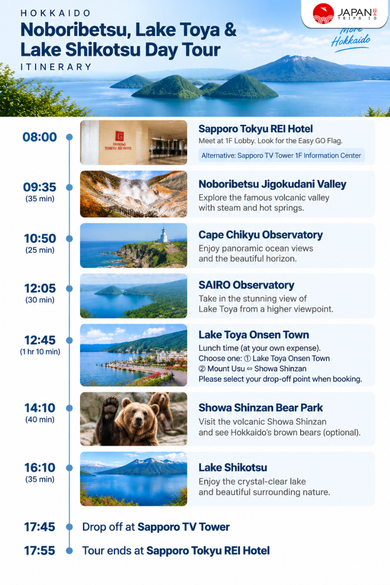 Hokkaido One Day Tour Toyako Onsen, Noboribetsu Jigokudani, Showa Shinzan, & Lake Shikotsu With Optional Bear Ranch