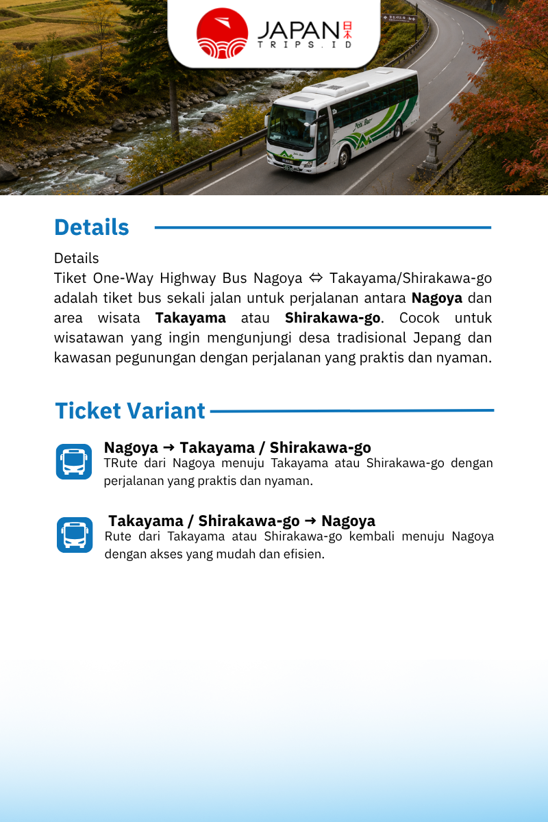One-Way Highway Bus Ticket Nagoya ⇔Takayama/Shirakawa-go