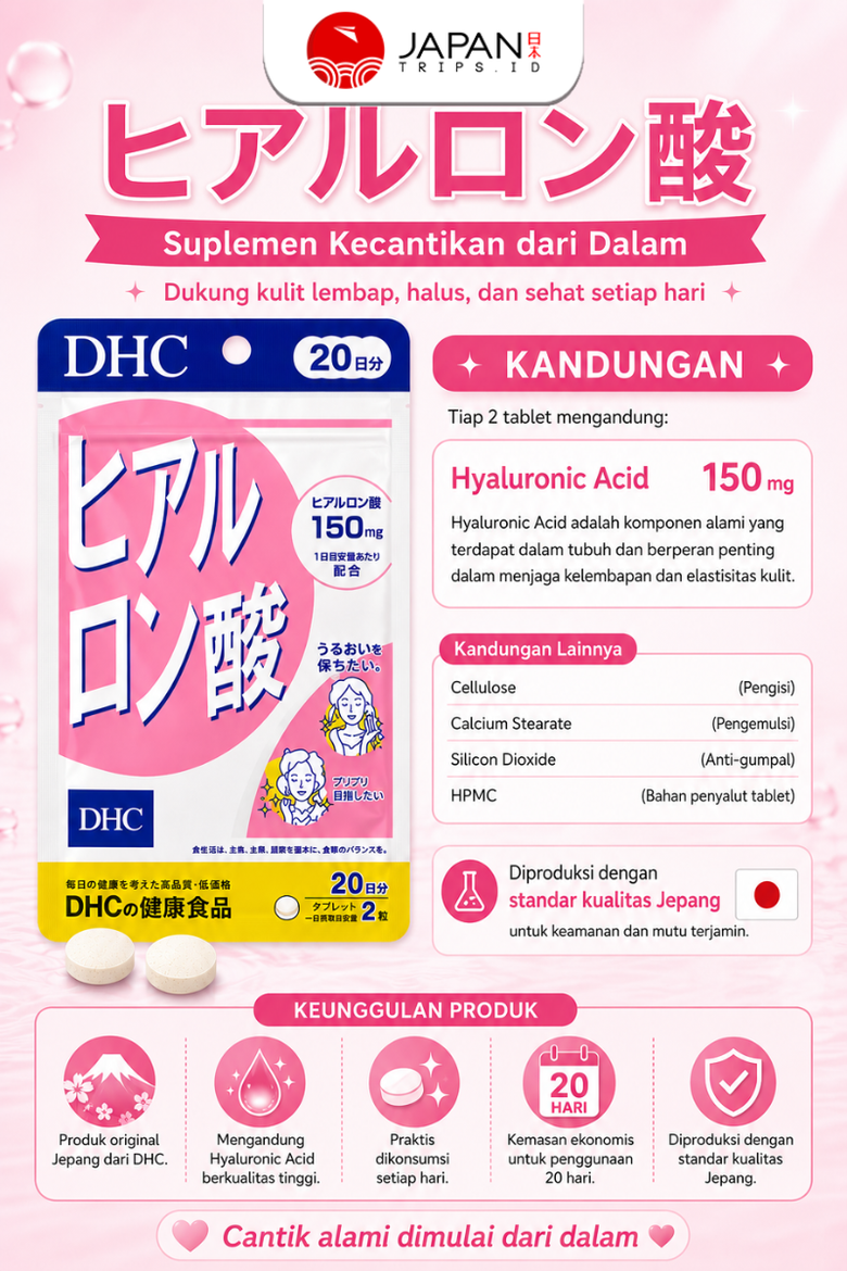 DHC Hyaluronic Acid 20 Days | Suplemen Asam Hialuronat untuk Menjaga Kelembapan Kulit | Original Jepang