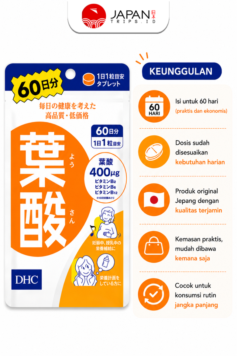 DHC Folic Acid 60 Days (60 Tablet) Asam Folat 400mcg - Mendukung Metabolisme & Energi Tubuh